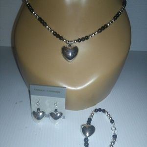 Heart charmed necklace earrings and bracelet set